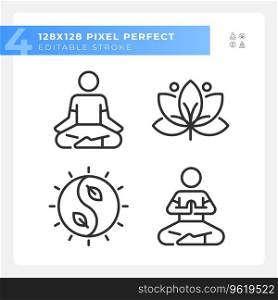 2D pixel perfect black icons set representing meditation, editable thin line wellness illustration.. Pixel perfect black meditation icons set