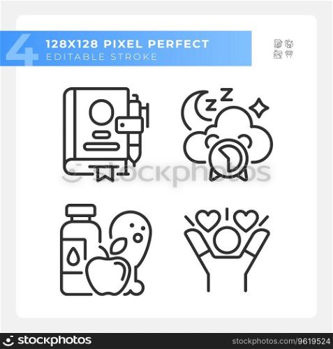 2D pixel perfect black icons set representing meditation, editable thin linear wellness illustration.. Pixel perfect black meditation line icons set