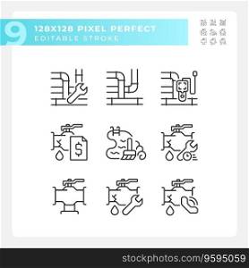 2D pixel perfect black icons set representing plumbing, editable thin line illustration.. Set of editable pixel perfect black plumbing icons