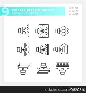 2D pixel perfect black icons set representing soundproofing, editable thin line illustration.. Set of editable pixel perfect black soundproofing icons