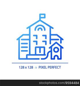 2D pixel perfect blue gradient building with flag icon, isolated vector, building thin line illustration.. 2D blue gradient thin line building with flag icon
