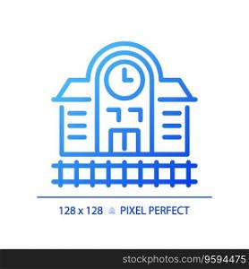 2D pixel perfect blue gradient railway station icon, isolated vector, building thin line illustration.. 2D blue gradient thin line railway station icon