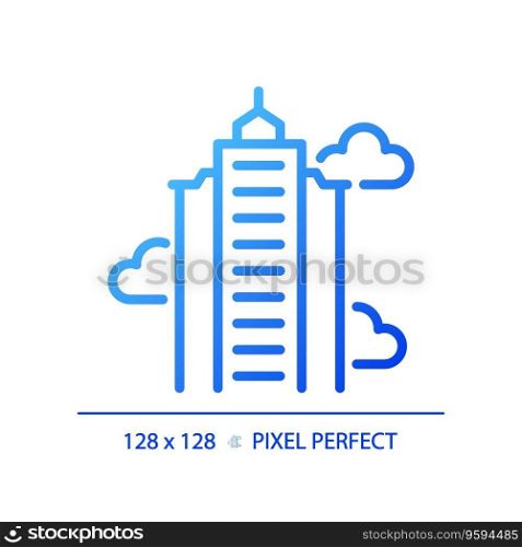 2D pixel perfect blue gradient skyscraper icon, isolated vector, building thin line illustration.. 2D blue gradient thin line skyscraper icon