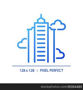 2D pixel perfect blue gradient skyscraper icon, isolated vector, building thin line illustration.. 2D blue gradient thin line skyscraper icon