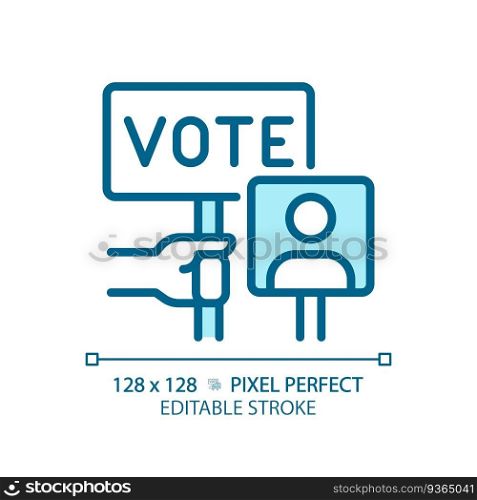 2D pixel perfect blue icon of hand holding vote sign, vector illustration representing voting, editable election symbol.. Editable pixel perfect blue hand voting icon