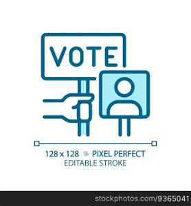 2D pixel perfect blue icon of hand holding vote sign, vector illustration representing voting, editable election symbol.. Editable pixel perfect blue hand voting icon