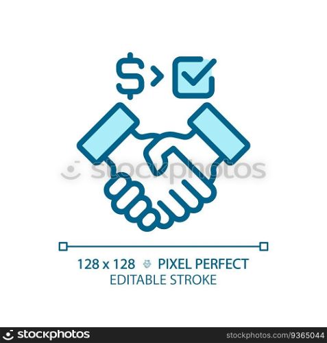 2D pixel perfect blue icon of people handshaking with dollar and checkmark sign, isolated vector illustration of agreement.. Editable pixel perfect blue partnership icon