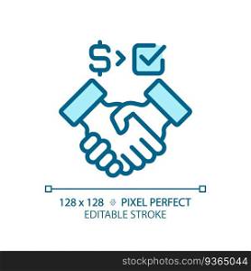 2D pixel perfect blue icon of people handshaking with dollar and checkmark sign, isolated vector illustration of agreement.. Editable pixel perfect blue partnership icon