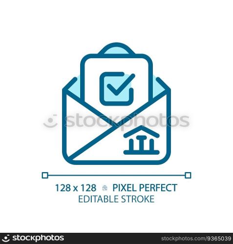 2D pixel perfect blue icon with checkmark and envelope representing voting, isolated vector illustration. Editable pixel perfect blue icon with checkmark and envelope