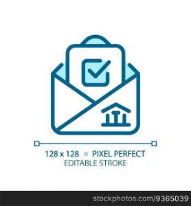 2D pixel perfect blue icon with checkmark and envelope representing voting, isolated vector illustration. Editable pixel perfect blue icon with checkmark and envelope