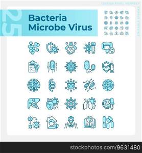 2D pixel perfect blue icons pack representing bacteria, editable thin line illustration.. 2D customizable blue bacteria icons set