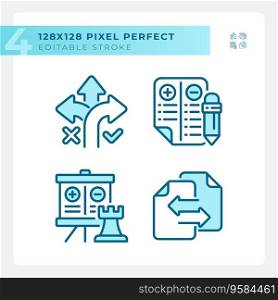 2D pixel perfect blue icons set representing comparisons, editable thin linear illustration.. Pixel perfect blue comparisons icons set