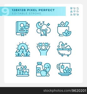 2D pixel perfect blue icons set representing meditation, editable thin line wellness illustration.. Set of editable pixel perfect blue meditation icons