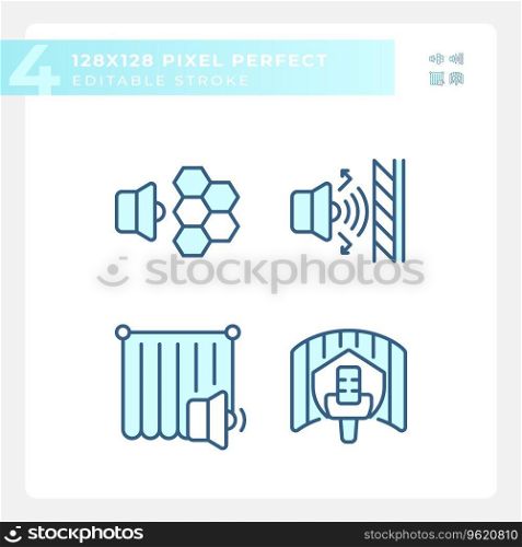 2D pixel perfect blue icons set representing soundproofing, editable thin line illustration.. Pixel perfect blue soundproofing icons set