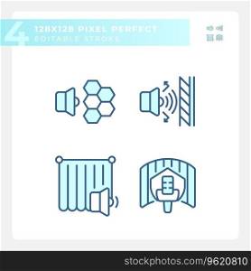 2D pixel perfect blue icons set representing soundproofing, editable thin line illustration.. Pixel perfect blue soundproofing icons set