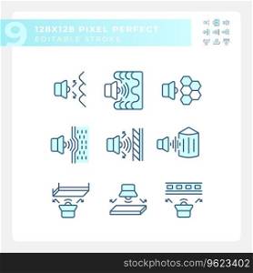 2D pixel perfect blue icons set representing soundproofing, editable thin line illustration.. Set of editable pixel perfect blue soundproofing icons