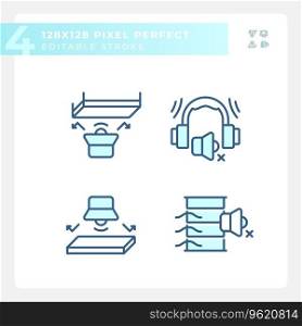 2D pixel perfect blue icons set representing soundproofing, editable thin linear illustration.. Editable pixel perfect soundproofing thin line icons set