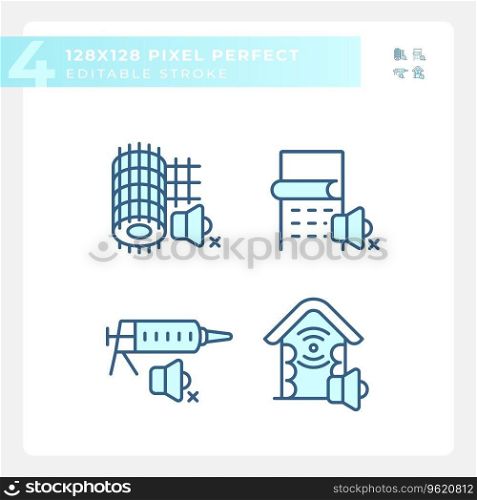 2D pixel perfect blue thin line icons pack representing soundproofing, editable illustration.. Editable pixel perfect soundproofing icons pack