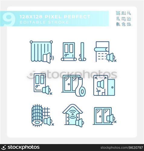 2D pixel perfect collection of icons representing soundproofing, editable blue thin line illustration.. Editable 2D blue soundproofing icons collection