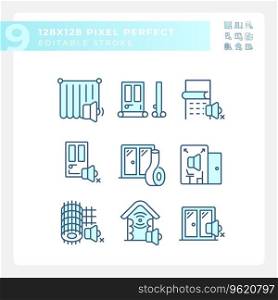 2D pixel perfect collection of icons representing soundproofing, editable blue thin line illustration.. Editable 2D blue soundproofing icons collection