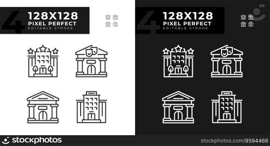 2D pixel perfect dark and light mode icons set representing buildings, editable thin line illustration.. Editable building icons set