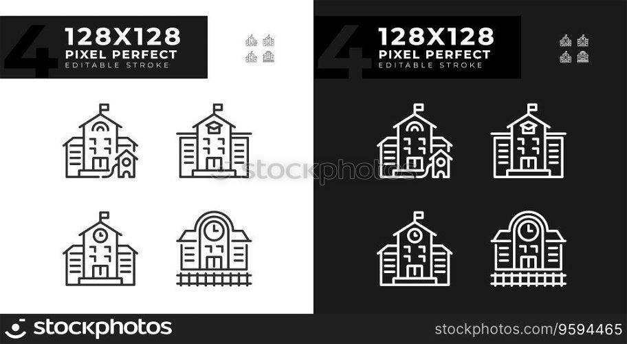 2D pixel perfect dark and light mode icons set representing various buildings, editable thin line illustration.. Pixel perfect thin line building icons