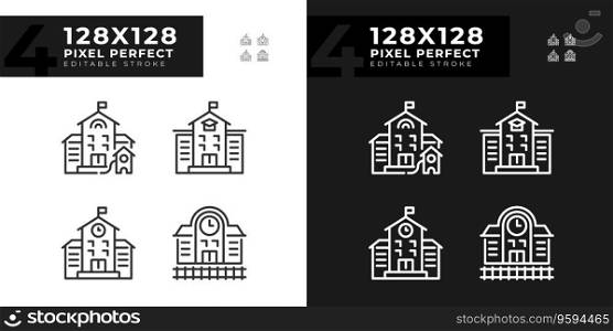 2D pixel perfect dark and light mode icons set representing various buildings, editable thin line illustration.. Pixel perfect thin line building icons