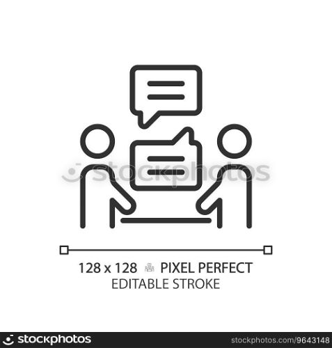 2D pixel perfect editable black communication icon, isolated vector, thin line illustration representing soft skills.. 2D customizable thin linear black communication icon