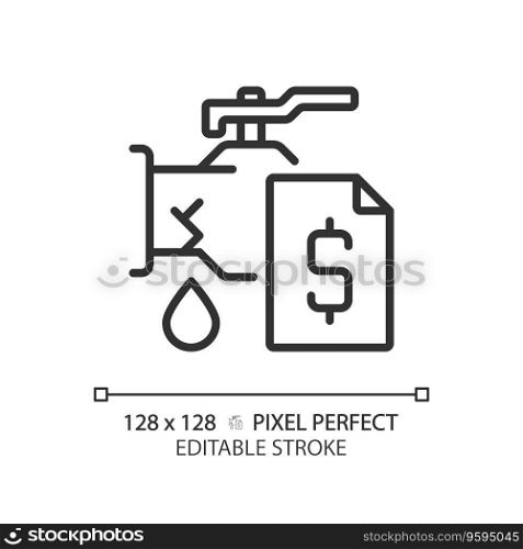 2D pixel perfect editable black pipe leakage with dollar icon, isolated vector, thin line illustration representing plumbing.. 2D thin linear black pipe leakage with dollar icon