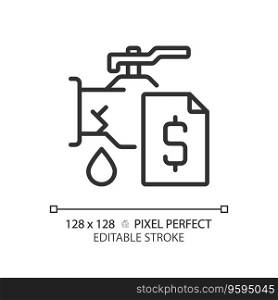 2D pixel perfect editable black pipe leakage with dollar icon, isolated vector, thin line illustration representing plumbing.. 2D thin linear black pipe leakage with dollar icon