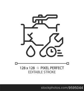 2D pixel perfect editable black pipe leakage with time and wrench icon, isolated vector, thin line illustration representing plumbing.. 2D thin linear black pipe leakage with time and wrench icon