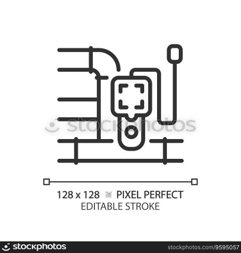 2D pixel perfect editable black pipeline and device icon, isolated vector, thin line illustration representing plumbing.. 2D customizable thin linear black pipeline and device icon
