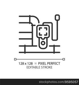 2D pixel perfect editable black pipeline and device icon, isolated vector, thin line illustration representing plumbing.. 2D customizable thin linear black pipeline and device icon