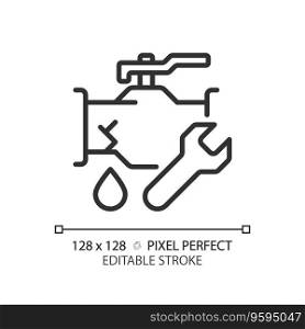 2D pixel perfect editable black pipeline leakage icon, isolated vector, thin line illustration representing plumbing.. 2D customizable thin linear black pipeline leakage icon