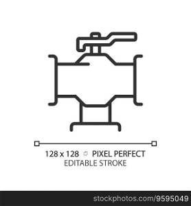 2D pixel perfect editable black pipeline with valve icon, isolated vector, thin line illustration representing plumbing.. 2D customizable thin linear black pipeline with valve icon