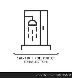 2D pixel perfect editable black shower icon, isolated vector, thin line illustration representing plumbing.. 2D customizable thin linear black shower icon