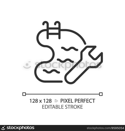 2D pixel perfect editable black swimming pool maintenance icon, isolated vector, thin line illustration representing plumbing.. 2D customizable black swimming pool maintenance icon