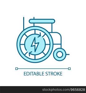 2D pixel perfect editable blue automatic wheelchair icon, isolated monochromatic vector, thin line illustration representing medical care equipment.. 2D customizable thin line blue automatic wheelchair icon