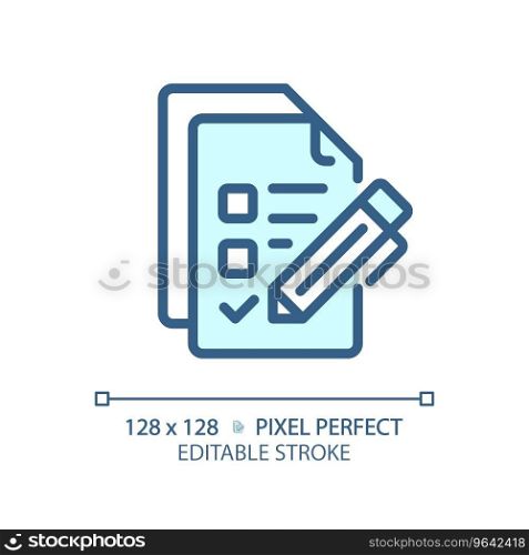 2D pixel perfect editable blue checklist icon, isolated vector, thin line document illustration.. 2D customizable checklist thin linear blue icon