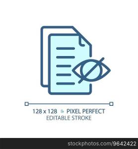 2D pixel perfect editable blue confidential document icon, isolated vector, thin line document illustration.. 2D customizable confidential document thin linear blue icon