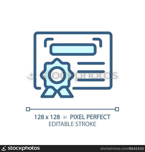 2D pixel perfect editable blue diploma icon, isolated vector, thin line document illustration.. 2D customizable diploma thin linear blue icon