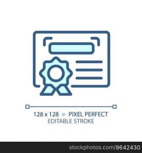 2D pixel perfect editable blue diploma icon, isolated vector, thin line document illustration.. 2D customizable diploma thin linear blue icon