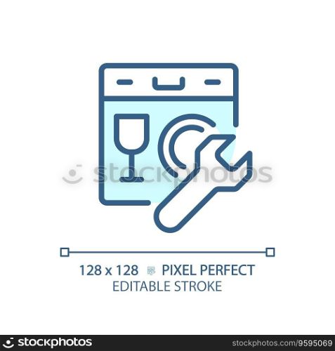 2D pixel perfect editable blue dishwasher icon, isolated vector, thin line illustration representing plumbing.. 2D customizable thin linear dishwasher blue icon