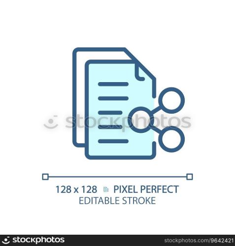 2D pixel perfect editable blue document sharing icon, isolated vector, thin line document illustration.. 2D customizable document sharing thin linear blue icon
