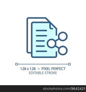 2D pixel perfect editable blue document sharing icon, isolated vector, thin line document illustration.. 2D customizable document sharing thin linear blue icon
