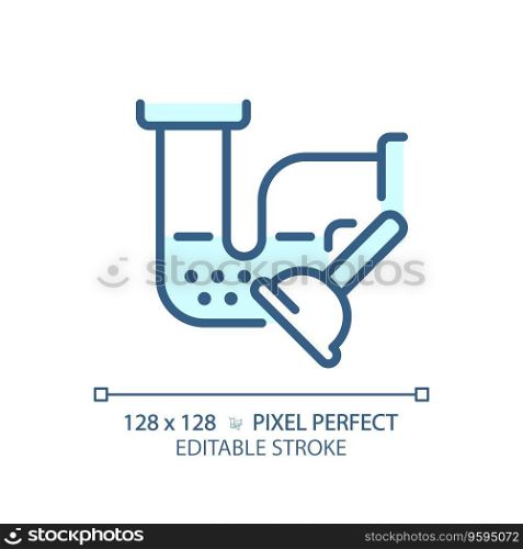 2D pixel perfect editable blue drain blockage and plunger icon, isolated vector, thin line illustration representing plumbing.. 2D thin linear blue drain blockage and plunger icon