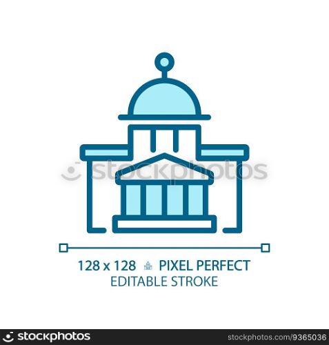 2D pixel perfect editable blue icon of government building, isolated vector illustration of city hall. Editable pixel perfect blue government building icon