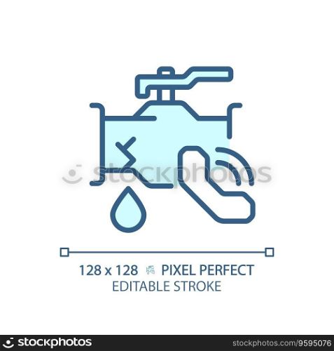2D pixel perfect editable blue icon pipe leakage with call icon, isolated vector, thin line illustration representing plumbing.. 2D customizable thin linear blue pipe leakage with call icon
