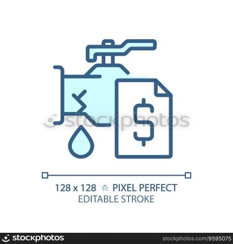 2D pixel perfect editable blue pipe leakage with dollar icon, isolated vector, thin line illustration representing plumbing.. 2D thin linear blue pipe leakage with dollar icon