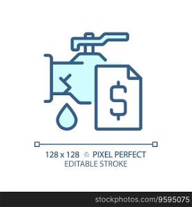 2D pixel perfect editable blue pipe leakage with dollar icon, isolated vector, thin line illustration representing plumbing.. 2D thin linear blue pipe leakage with dollar icon